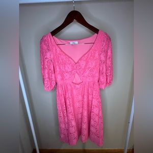 Pink Lace Dress with Balloon Sleeves and Waist Cut-Out